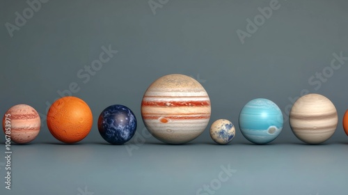 A row of planets,  in order of size, against a light grey background. photo