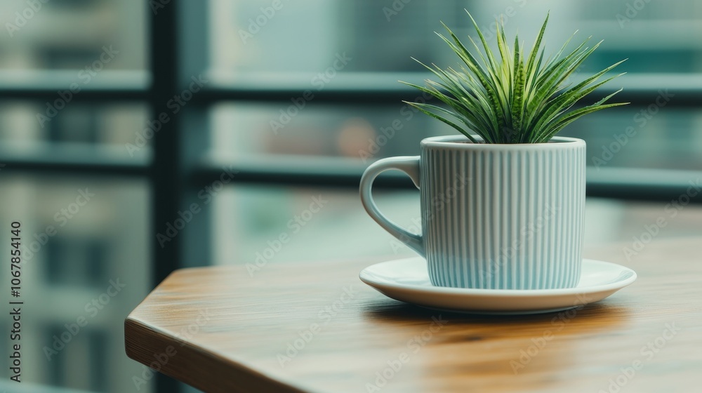 A small potted plant in a white ceramic mug on a wooden table.