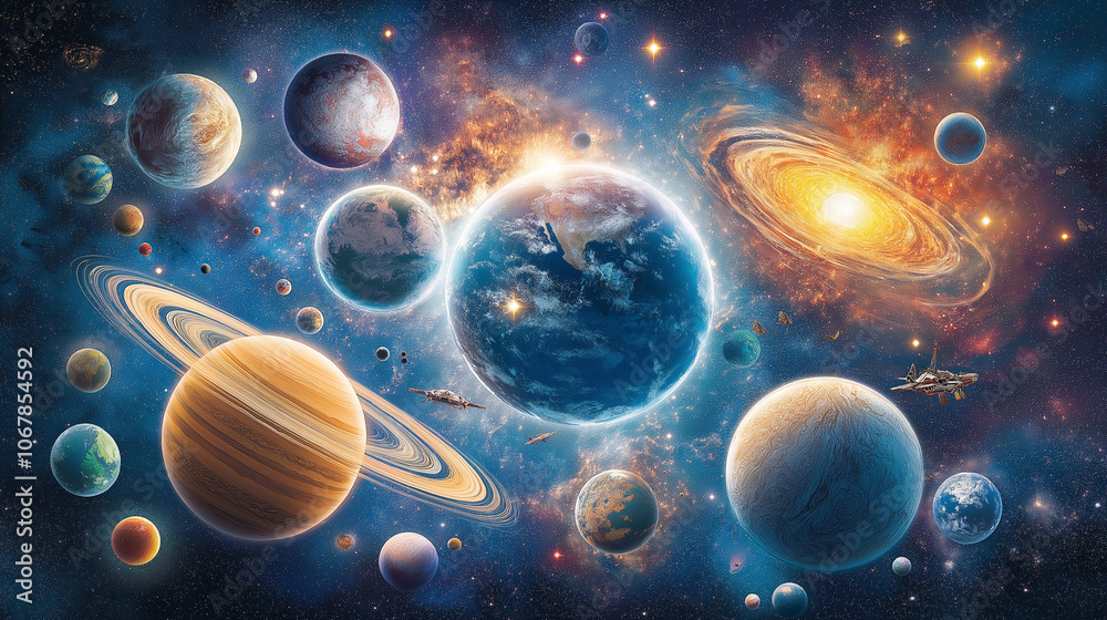 A vibrant game scene poster set in the vastness of space, showcasing a multitude of planets, each uniquely designed with intricate details.