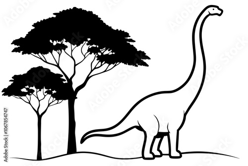 majestic brontosaurus silhouette with trees line art