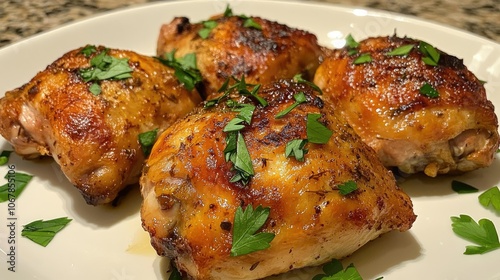 Golden roasted chicken from the air fryer with rosemary, thyme, and fermented spices, plated with fresh parsley