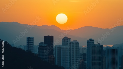 Stunning Sunset Over City Skyline with Mountains