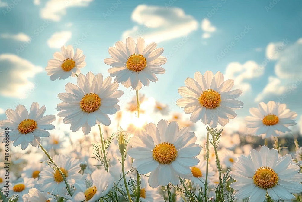 Fototapeta premium White daisies in field against blue sky. Perfect for backgrounds and designs showcasing purity, innocence, and joy.