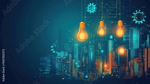Abstract rendering of a digital cityscape with key business icons like light bulbs and gears interwoven, symbolic of innovationdriven solutions photo