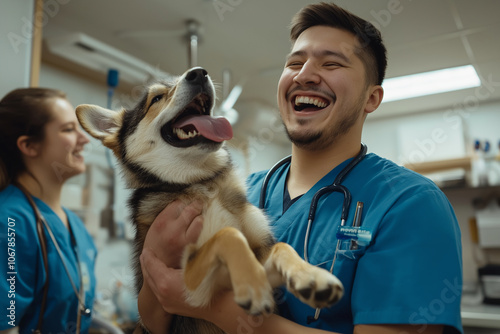 A veterinarian in blue scrubs joyfully lifts a golden retriever in a well-lit clinic, filled with warmth and professionalism.