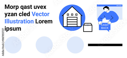 Modern warehouse with a package, person holding Cash Back banner, simplistic design. Ideal for e-commerce, logistics, shipping, marketing, warehousing, customer support, and promotions. Landing