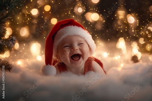 Cheerful baby in a Santa hat laughs joyfully among glowing holiday lights in a cozy Christmas setting