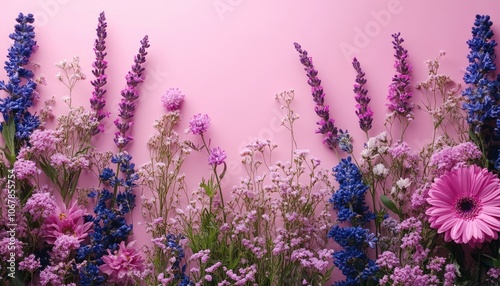 Pink and purple flowers bloom against a pink background. The photo is ideal for adding a