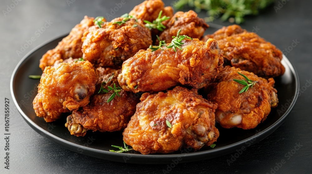 Juicy air-fried chicken seasoned with rosemary, thyme, and a fermented marinade, served with fresh herbs on a dark plate Juicy air-fried chicken seasoned with rosemary, thyme, and a fermented marinade, served with fresh herbs on a dark plate