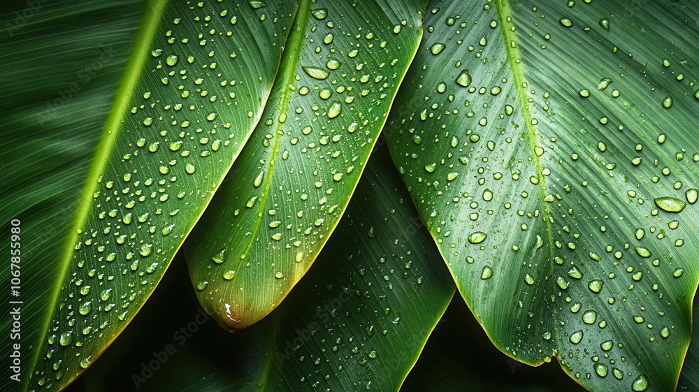 Closeup of banana leaf with water droplets, rich green tones and fine veins, tropical botanical vibe, high detail macro Closeup of banana leaf with water droplets, rich green tones and fine veins, tropical botanical vibe, high detail macro