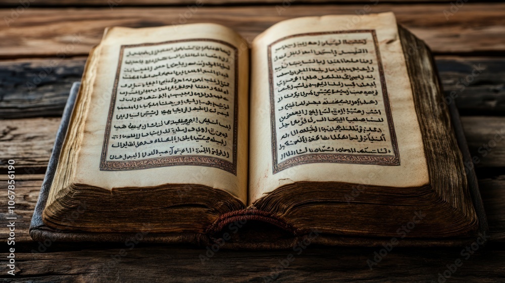 Open Holy Quran Book On Wooden Background Open Holy Quran Book On Wooden Background