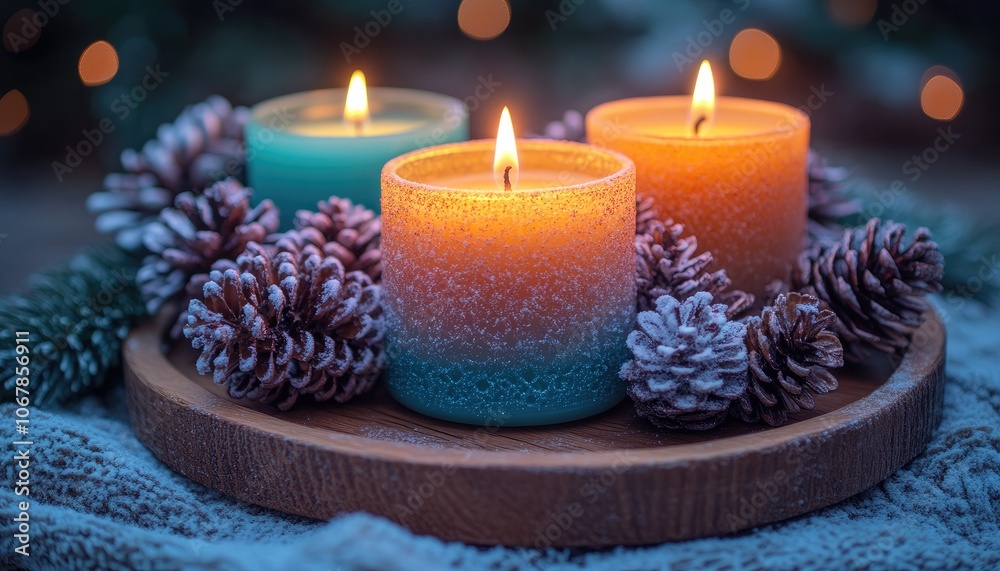 Three lit candles on a wooden tray with pine cones. This image can be used for Christmas, winter or holiday themes. Three lit candles on a wooden tray with pine cones. This image can be used for Christmas, winter or holiday themes.