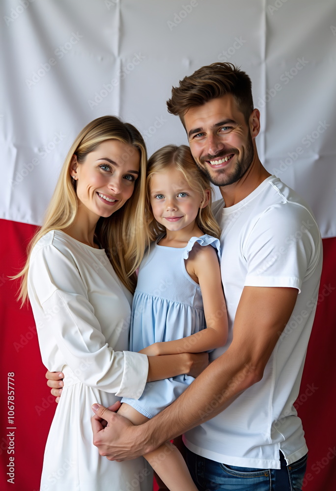 Obraz premium Smiling family posing together in front of a Polish flag. Mother, father and daughter smiling together at Poland Independence Day.