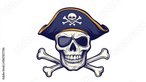 Closeup view of skull wearing pirate captain cap with crossing bone. The decoration element for Halloween.