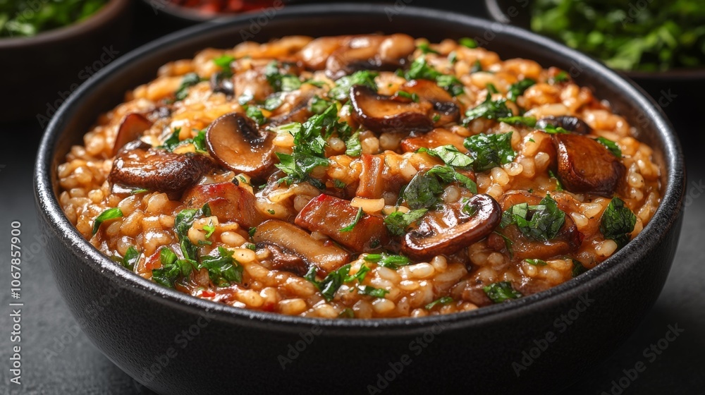 Mushroom risotto with fresh herbs top view. Generative AI Mushroom risotto with fresh herbs top view. Generative AI