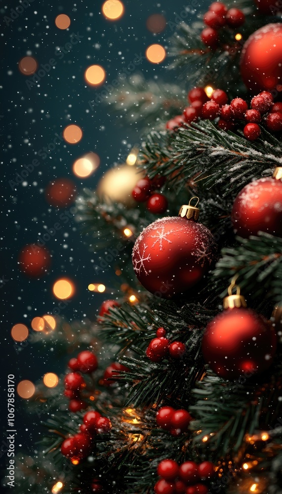 A close-up of a red Christmas ornament on a snowy tree. This photo is perfect for Christmas and holiday themed projects, designs, and social media posts. A close-up of a red Christmas ornament on a snowy tree. This photo is perfect for Christmas and holiday themed projects, designs, and social media posts.