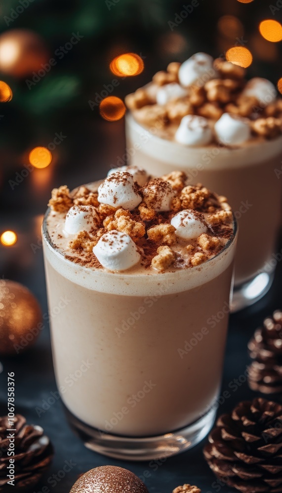 A close-up of a creamy drink with marshmallows and cinnamon. A perfect image for a winter drink advertising campaign. A close-up of a creamy drink with marshmallows and cinnamon. A perfect image for a winter drink advertising campaign.