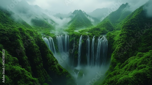 Magical Jungle Waterfalls with Misty Mountains. Generative AI