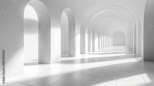 Minimalistic White Arched Corridor. Generative AI