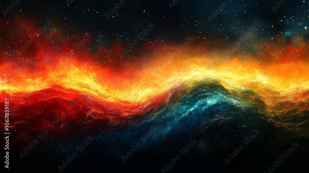 Abstract Cosmic Landscape with Fiery Wave and Stars. Generative AI Abstract Cosmic Landscape with Fiery Wave and Stars. Generative AI