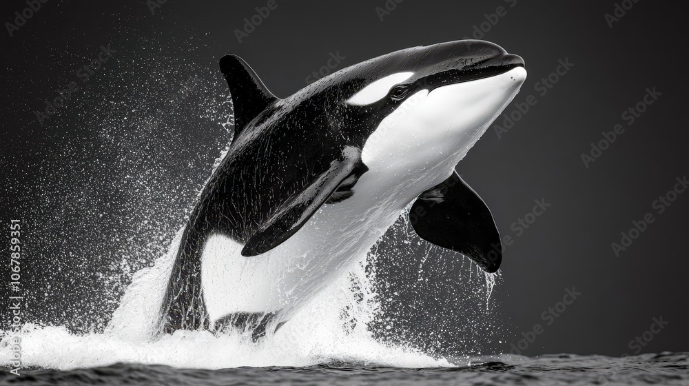 Fototapeta premium Killer Whale Breaching Surface Orca Splashing Ocean Water