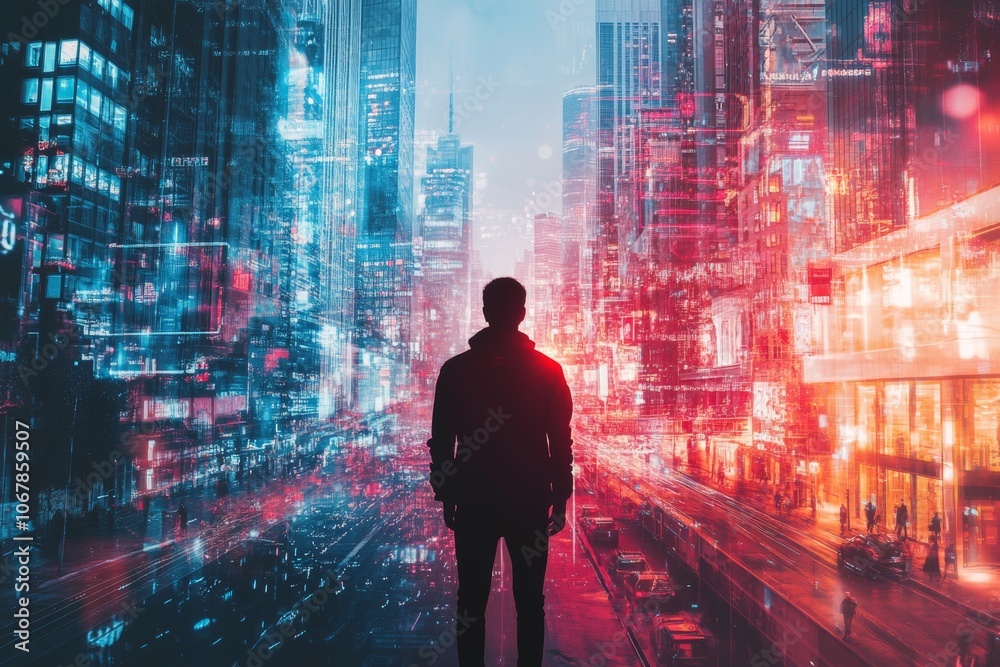 A person stands at the boundary of reality and digital worlds between a city street and a vibrant cyberpunk landscape A person stands at the boundary of reality and digital worlds between a city street and a vibrant cyberpunk landscape
