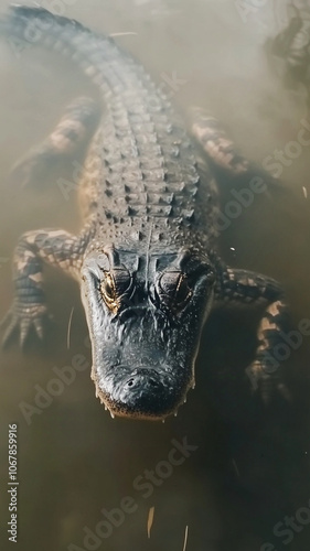 A close-up view of a large alligator or crocodile's head and eyes emerging from murky green water, with its mouth slightly open and sharp teeth visible photo