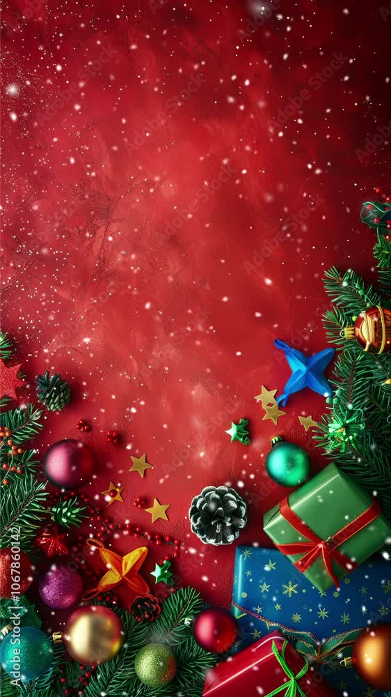 Red background. New Year holidays. Christmas and New Year decoration red background, with glass balls. Holidays background. Looped snow. Generate AI. Red background. New Year holidays. Christmas and New Year decoration red background, with glass balls. Holidays background. Looped snow. Generate AI.