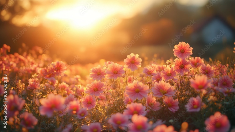 Fototapeta premium Sunlit Meadow of Pink Wildflowers. Generative AI
