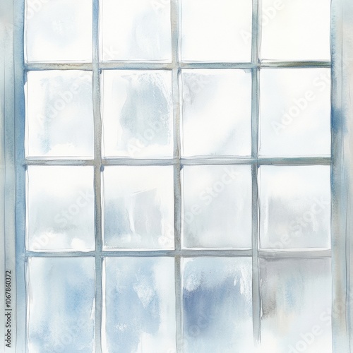 Soft Watercolor Window: A serene view of a nine-pane window with a blurred, cloudy backdrop, perfect for calming decor.