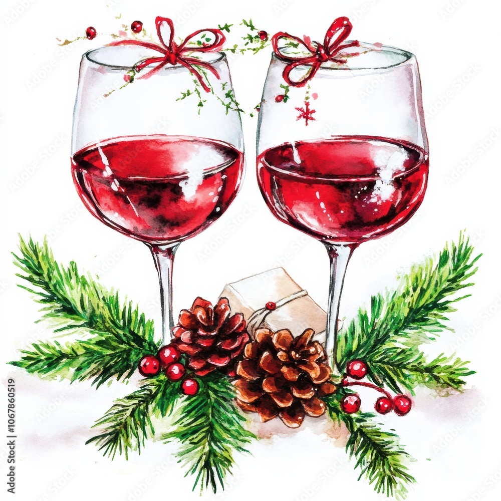 Festive Watercolor Cheers: Two Glasses of Red Wine Decorated for the Holidays with Pine and Bows Festive Watercolor Cheers: Two Glasses of Red Wine Decorated for the Holidays with Pine and Bows