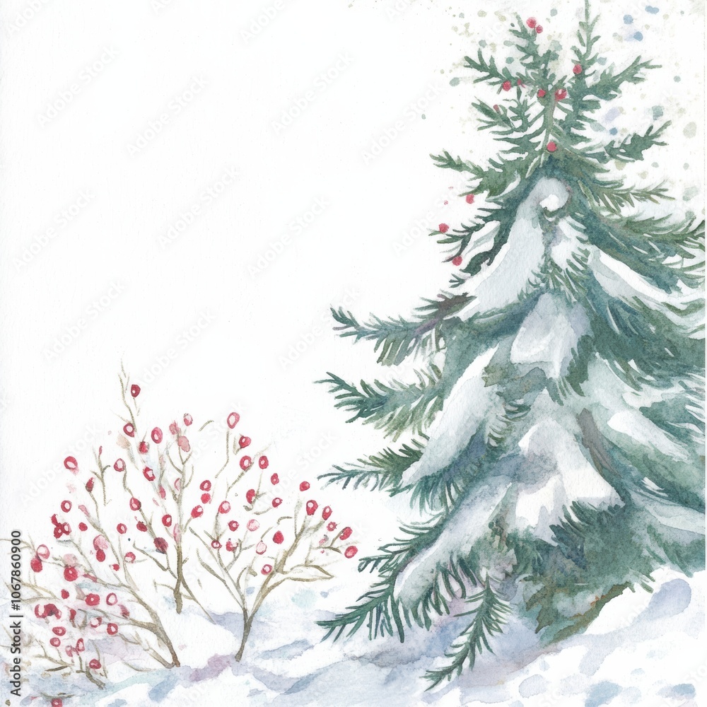Watercolor Winter Scene: A pine tree covered in snow with a berry bush, perfect for seasonal decorations and greeting cards. Watercolor Winter Scene: A pine tree covered in snow with a berry bush, perfect for seasonal decorations and greeting cards.