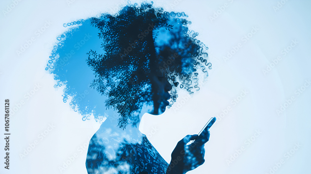 Obraz premium Silhouette of a woman with flowing hair and flowers, surrounded by smoke and ink, blending with nature and water in an artistic, colorful design.