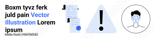 Documents with check marks, exclamation warning sign, facial recognition outline. Ideal for security, documentation, notifications, compliance, technology, automation, and verification Landing page