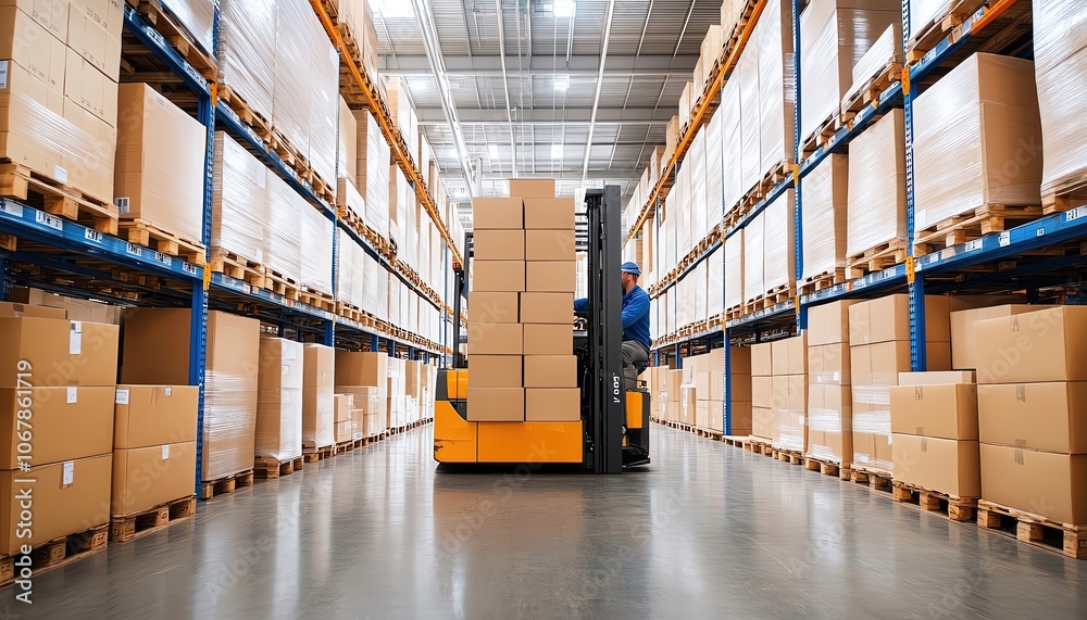 Fototapeta premium Warehouse with forklift operator stacking boxes, efficient workflow, busy setting