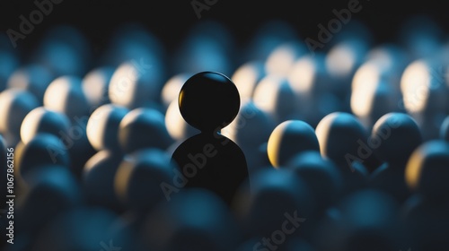 A black shape stands out among subtle blue shapes on a blurred dark background, conveying the idea of ​​standing out and impressing the crowd.