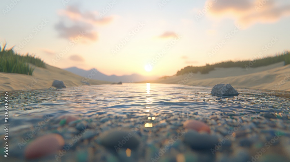 Obraz premium Tranquil Sunset River with Pebbles and Sandy Banks