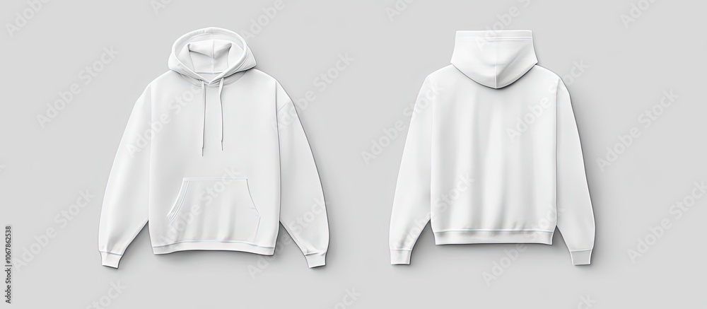 A plain white hoodie displayed from the front and back views. A plain white hoodie displayed from the front and back views.
