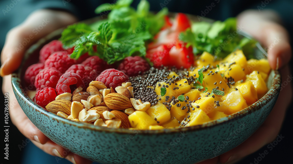 Vibrant bowl brimming with raspberries, strawberries, mango, almonds, cashews, and chia seeds. Vibrant bowl brimming with raspberries, strawberries, mango, almonds, cashews, and chia seeds.