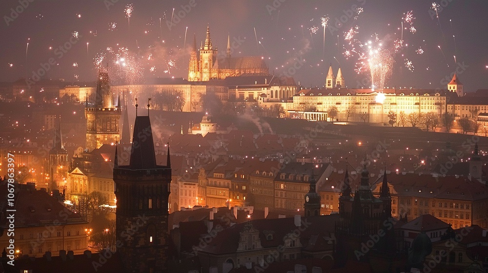 Fototapeta premium Fireworks Display Over Prague's Historic Cityscape at Night