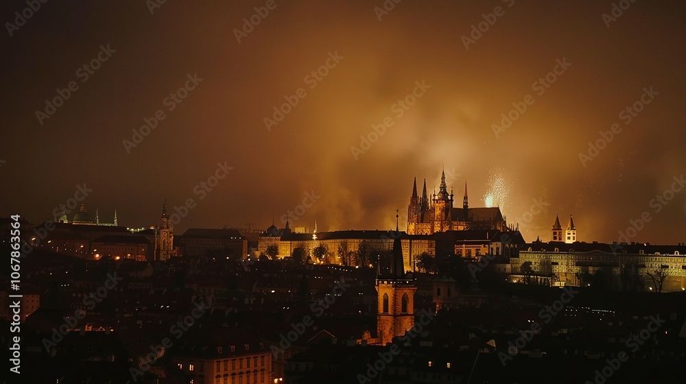 Fototapeta premium Prague Castle and Fireworks Display Over the City at Night
