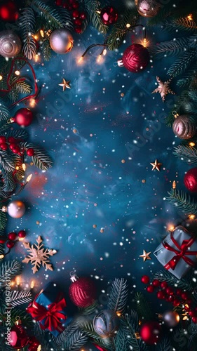 Blue background. New Year holidays. Christmas and New Year decoration red background, with glass balls. Holidays background. Looped snow. Generate AI.