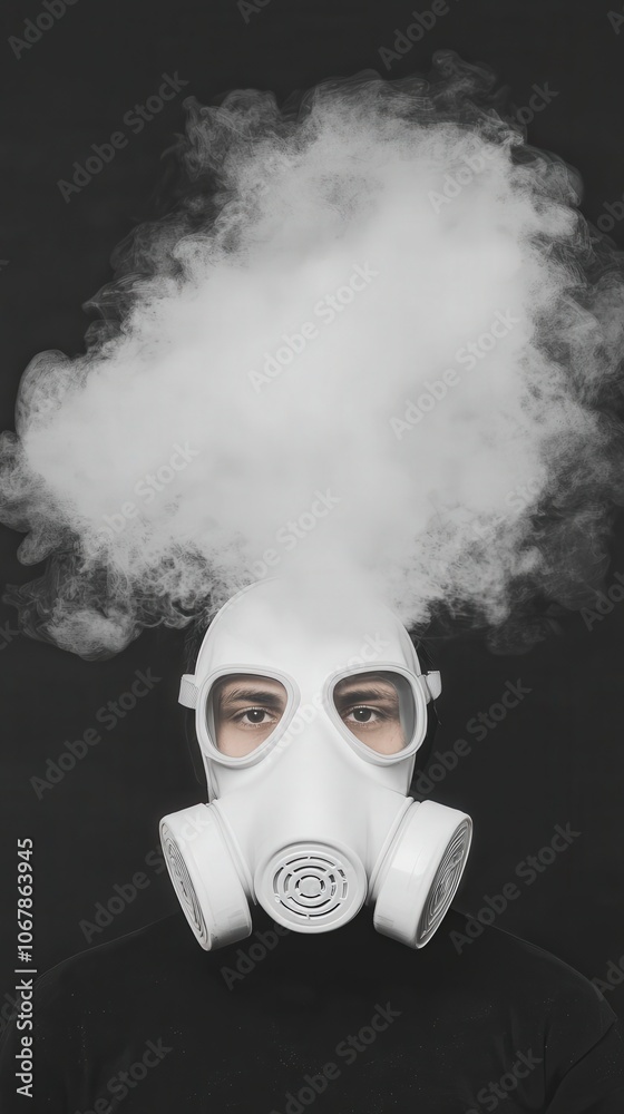 Man in Gas Mask with Smoke   Air Pollution  Hazard  Protection  Safety