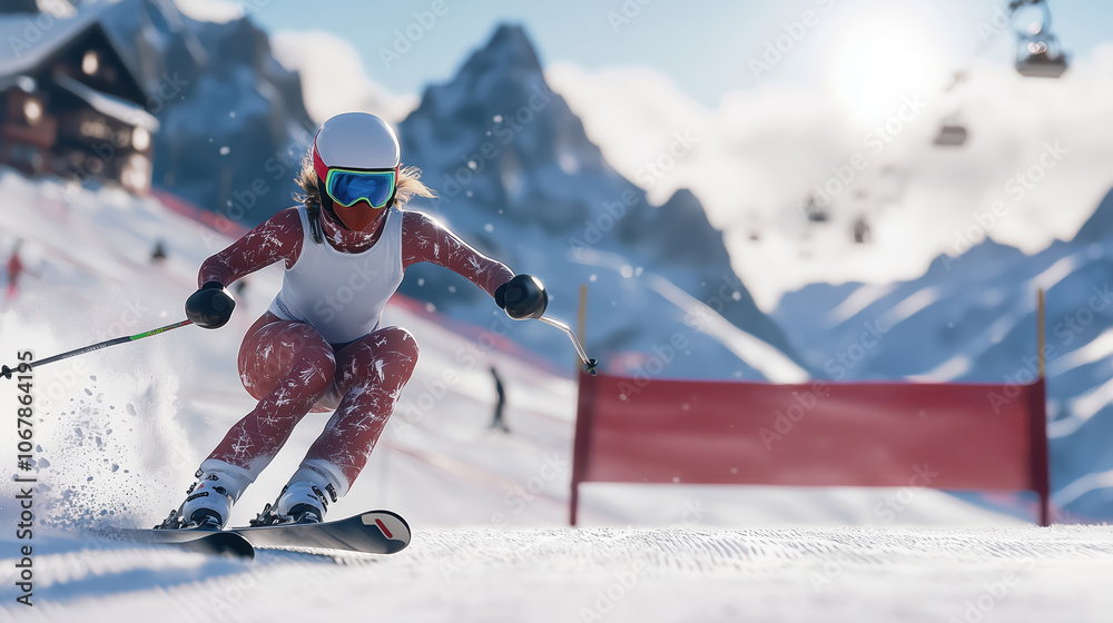 Skier racing in an alpine skiing competition with mountains in the background.