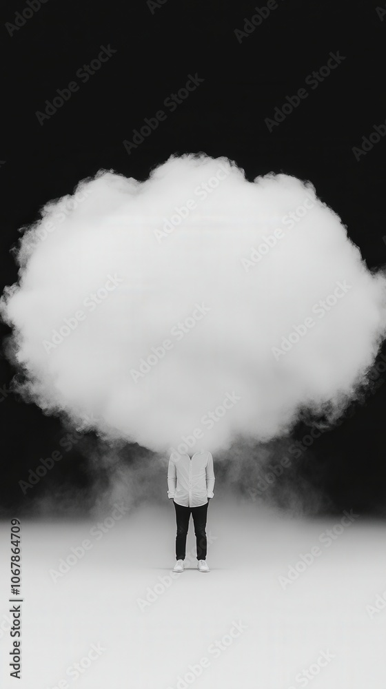 Man Standing Under Large White Cloud in Minimalist Setting Abstract Photography Man Standing Under Large White Cloud in Minimalist Setting Abstract Photography