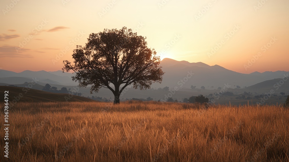 Solitary Tree in Golden Grassland at Sunset with Mountain Range Solitary Tree in Golden Grassland at Sunset with Mountain Range