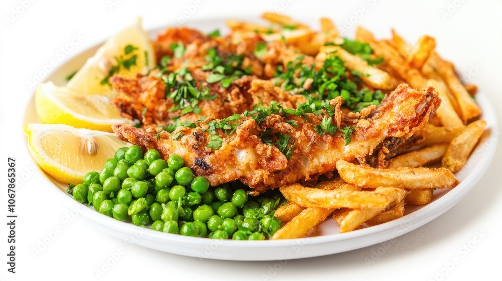 Golden Fried Fish Served with Peas and Fries Golden Fried Fish Served with Peas and Fries