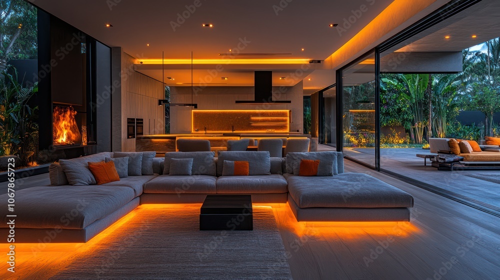 Modern living room with a fireplace, a sectional sofa, and a kitchen in the background. The room is lit with warm light from recessed lighting. Modern living room with a fireplace, a sectional sofa, and a kitchen in the background. The room is lit with warm light from recessed lighting.
