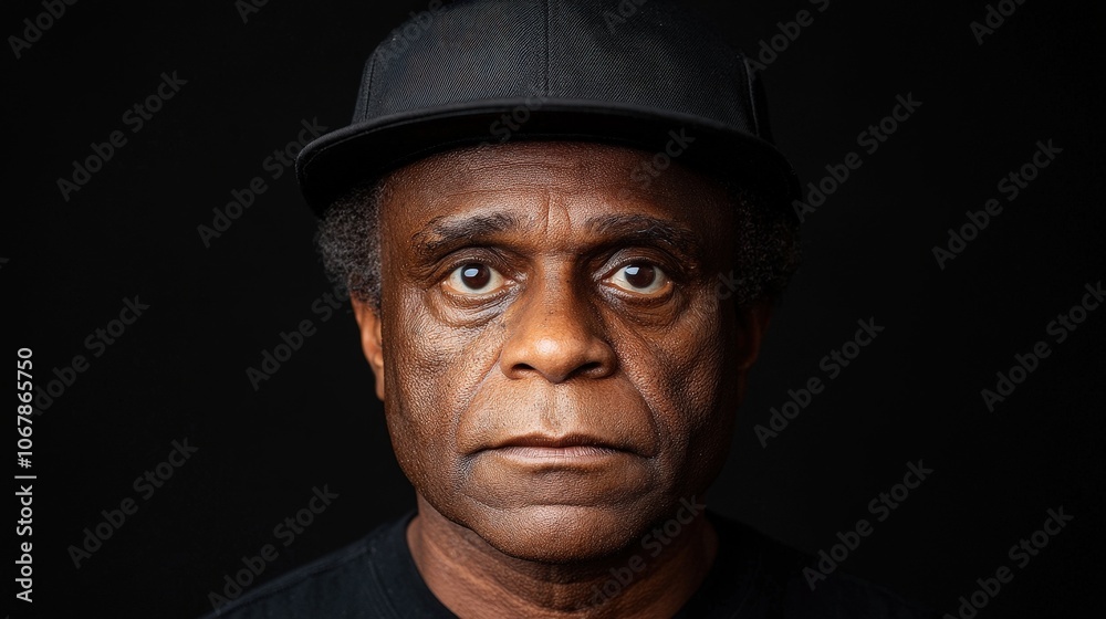 Close up Portrait of Serious African American Man in Black Cap Close up Portrait of Serious African American Man in Black Cap
