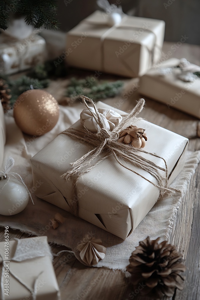 Wrapped gifts with rustic holiday decorations on a wooden table, with space for text. Wrapped gifts with rustic holiday decorations on a wooden table, with space for text.